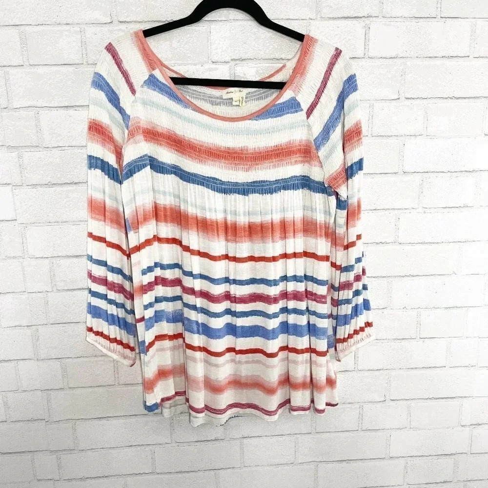 Meadow Rue - Anthropologie Red White & Blue Smocked Long Sleeve Shirt Size XL